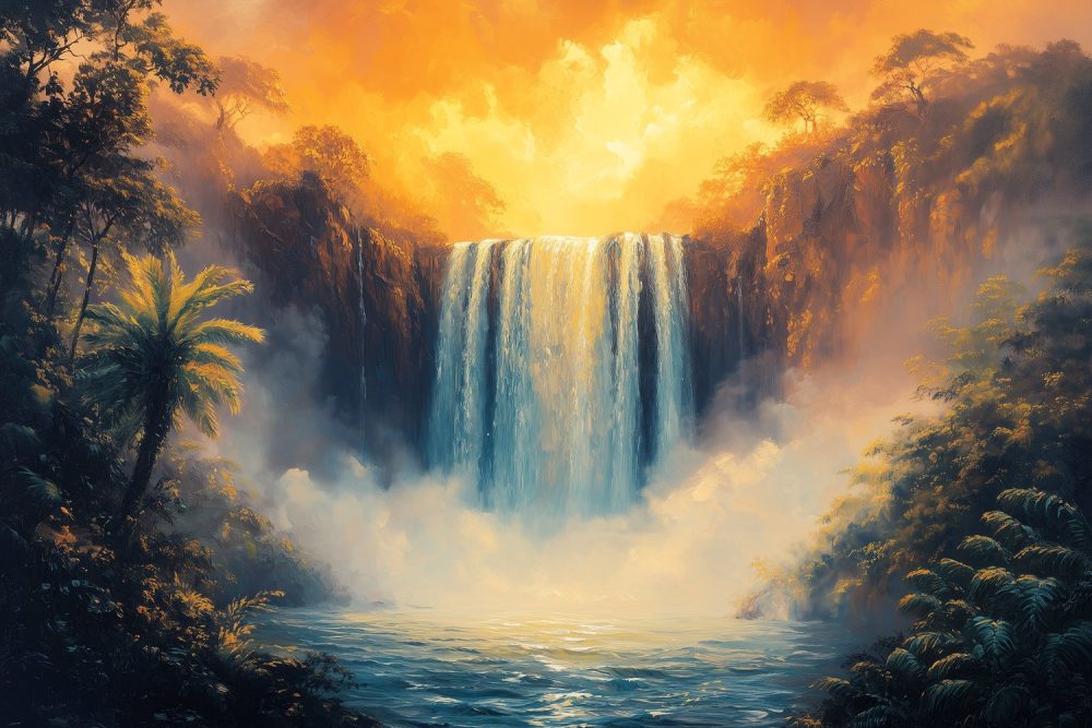 Zonnige Waterval in Natuur behang