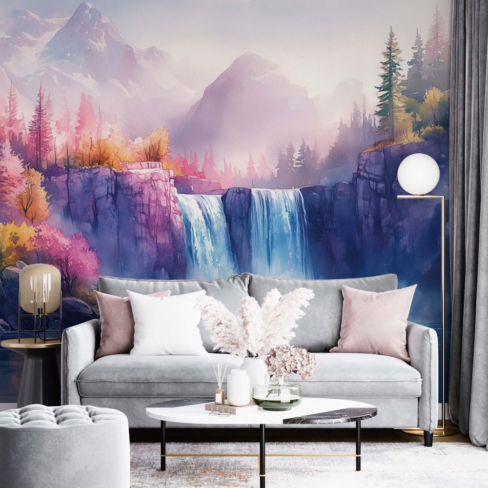 Alternative view of Betoverend waterval landschap behang