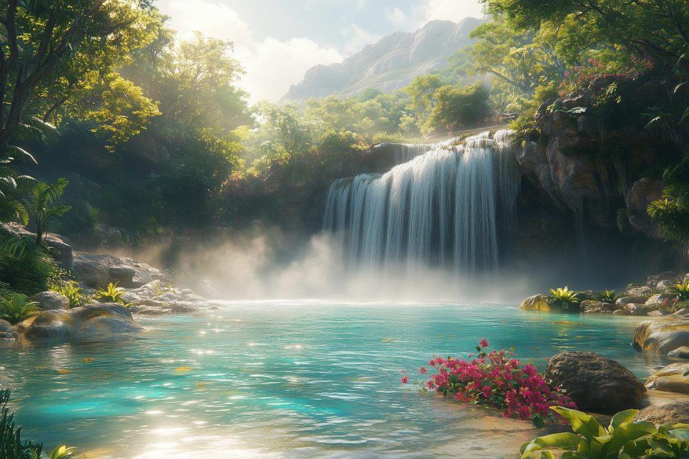 Vredige waterval in natuur behang