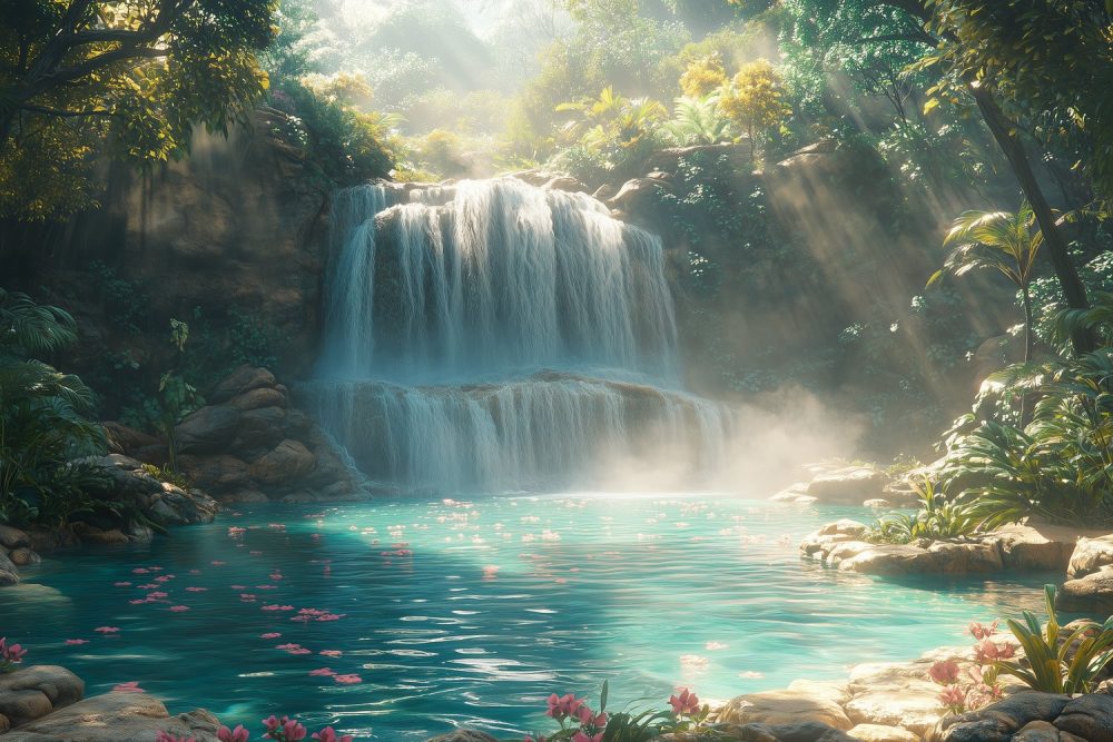 Mistige waterval in natuur behang