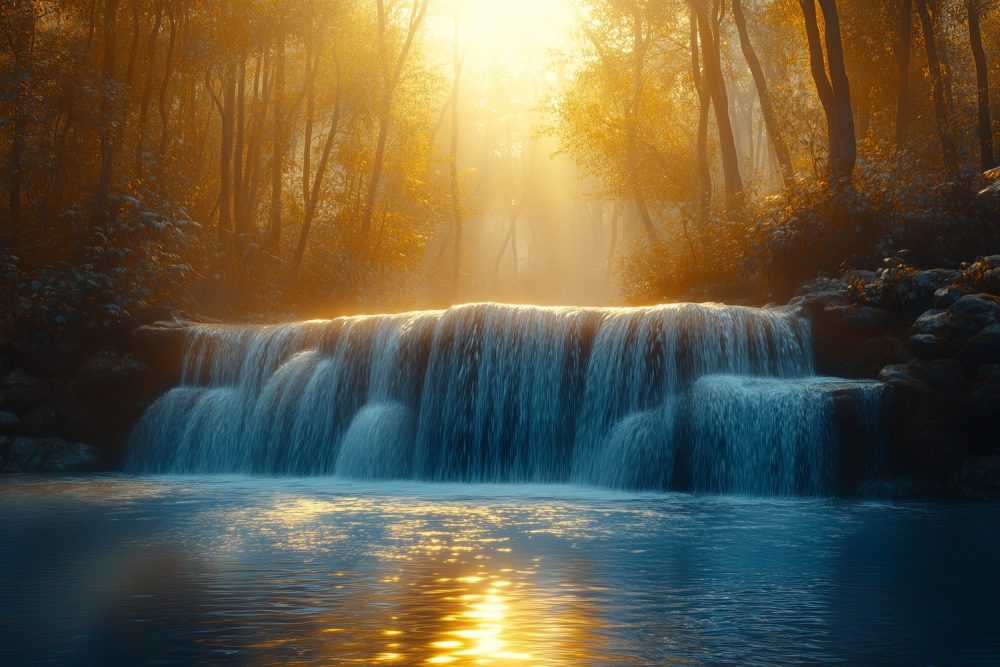 Zonnige waterval in bos behang