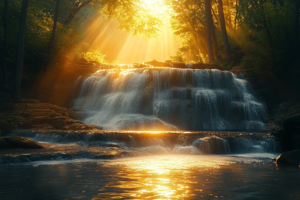 Zonnige waterval in natuur behang