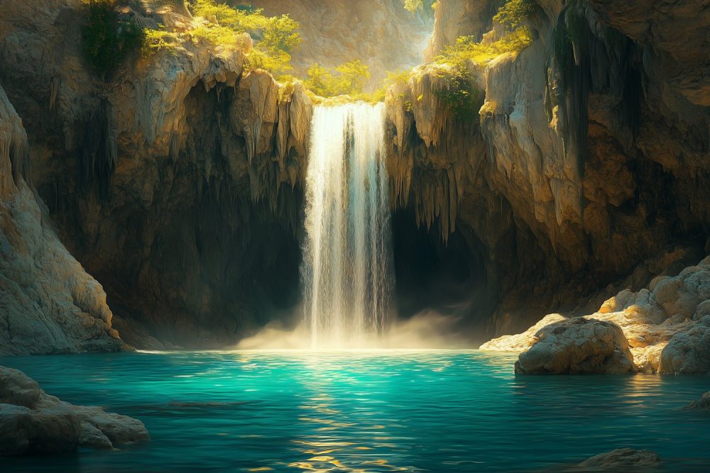 Rustige waterval in natuur behang