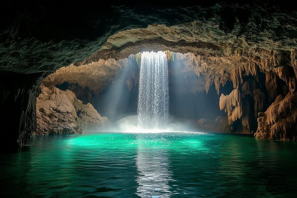 Betoverende Waterval in Grot behang