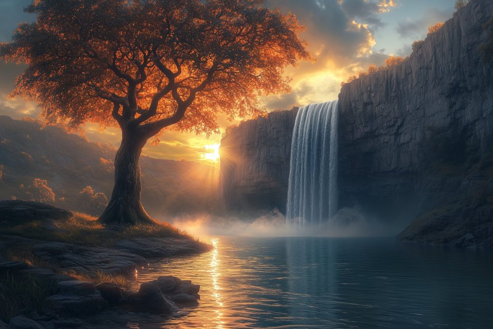 Betoverende waterval in natuur behang