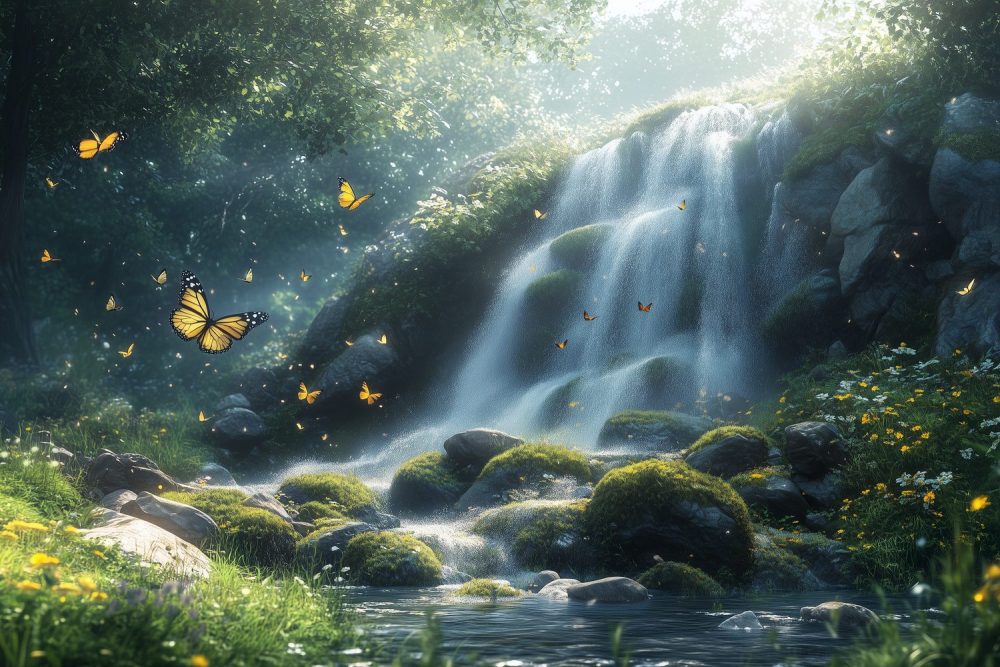 Betoverende Waterval Vlinderscène behang