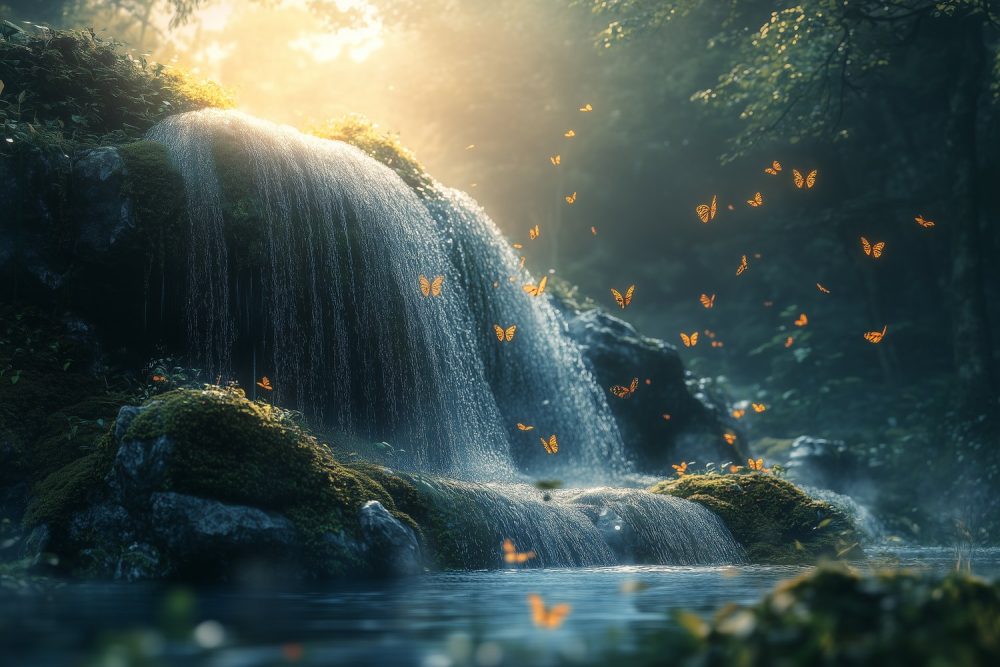 Betoverende waterval in bos behang