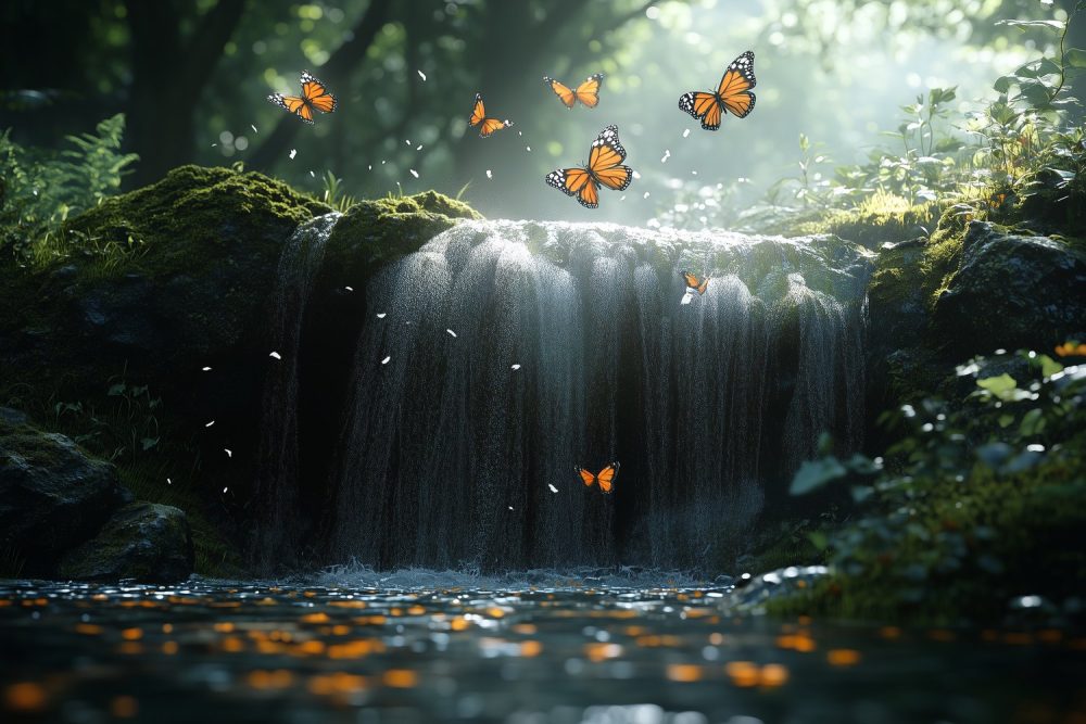 Betoverende watervalvlinders behang