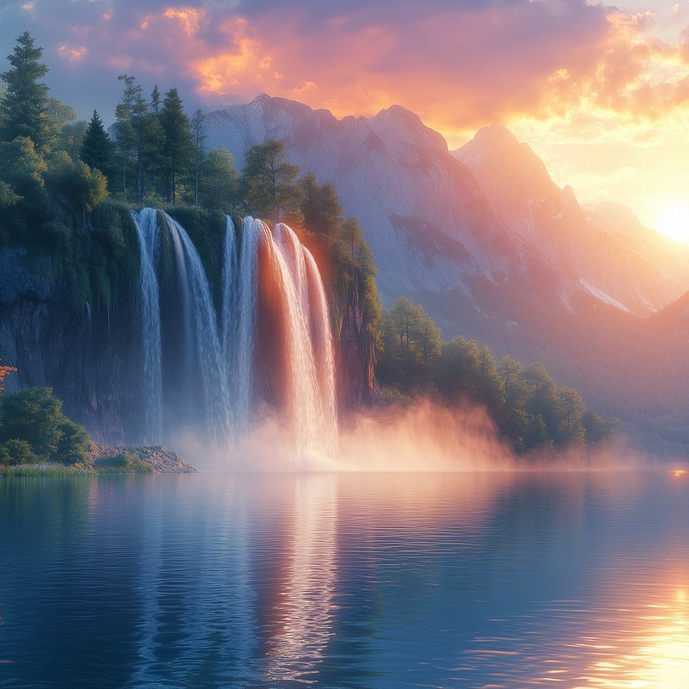 Betoverend waterval zonsondergang landschap behang