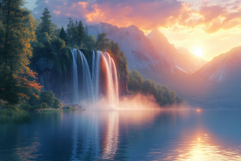 Betoverend waterval zonsondergang landschap behang