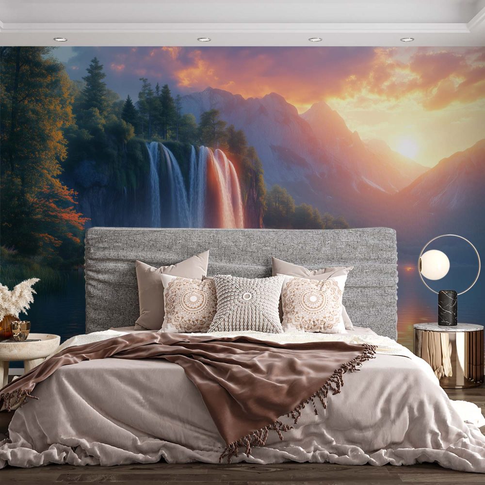 Alternative view of Betoverend waterval zonsondergang landschap behang