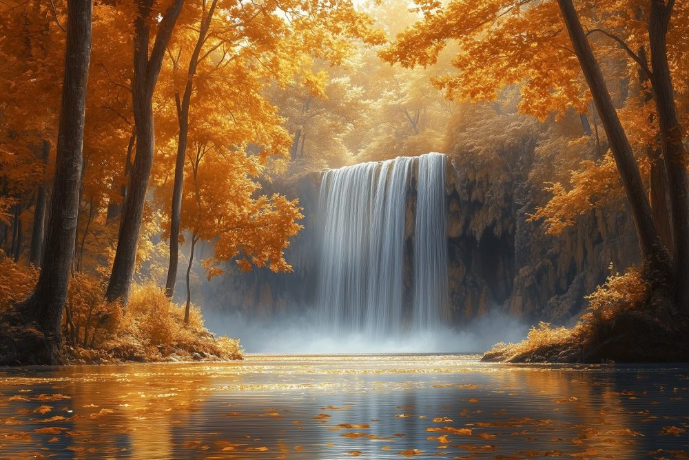 Mistige Waterval Herfstlandschap behang