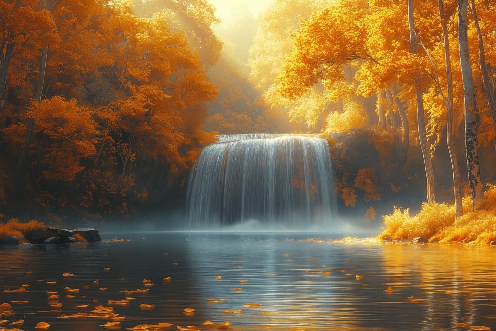 Mistige waterval in herfst behang