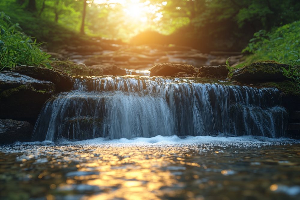 Zonnig waterval boslandschap behang