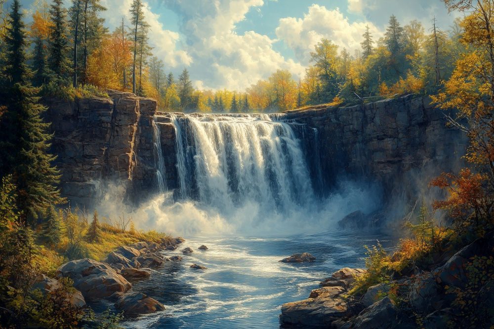 Mistige waterval in bos behang