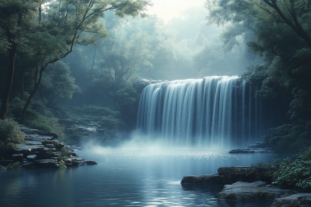 Vredige waterval in natuur behang