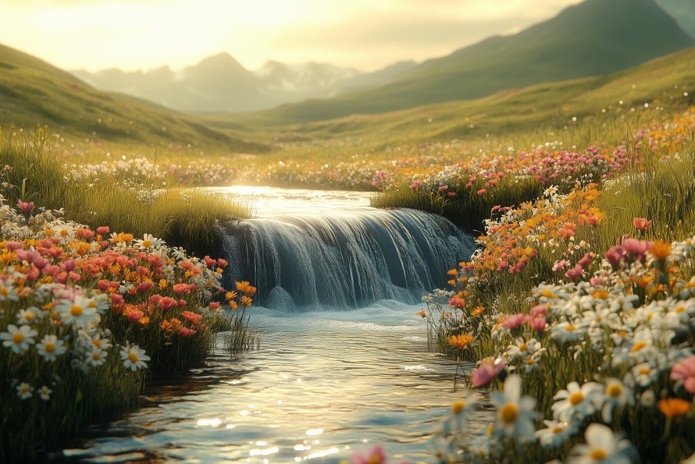 Waterval tussen kleurrijke bloemen behang