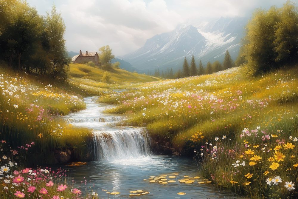 Vredige waterval met bloemen behang