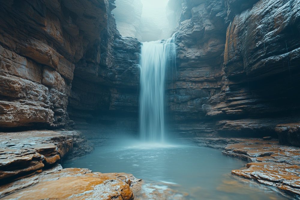 Rustgevende waterval in natuur behang