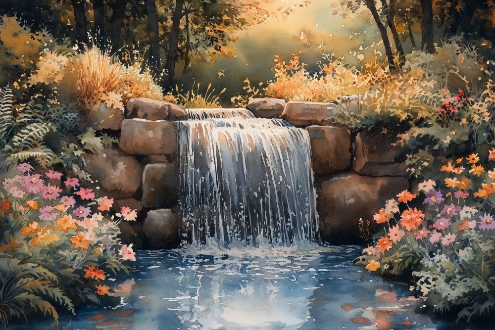 Vredig waterval waterverfschilderij behang