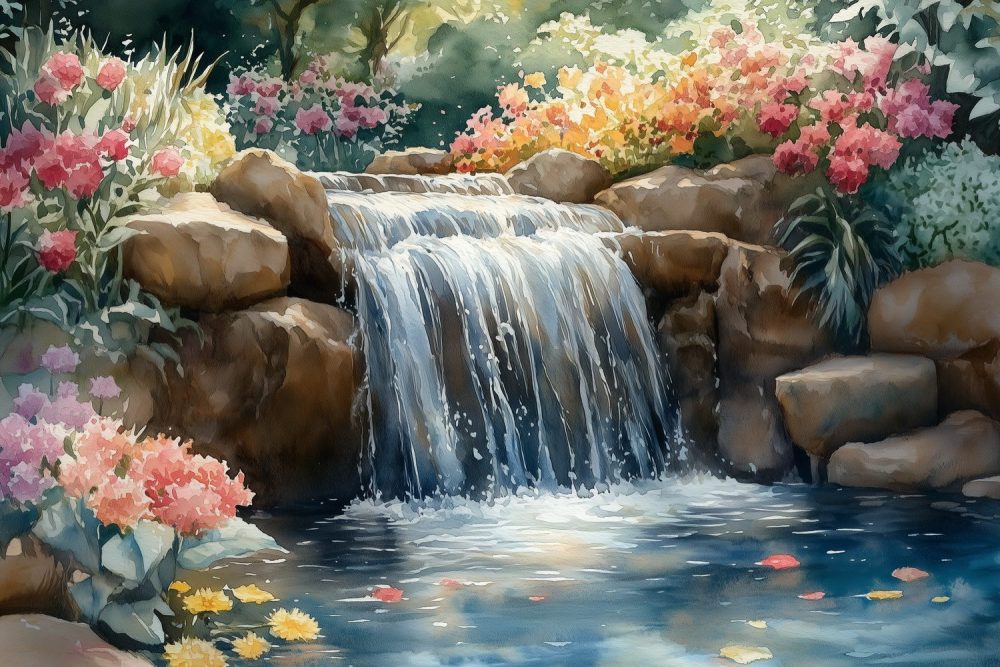 Tranquille waterval waterverfschilderij behang