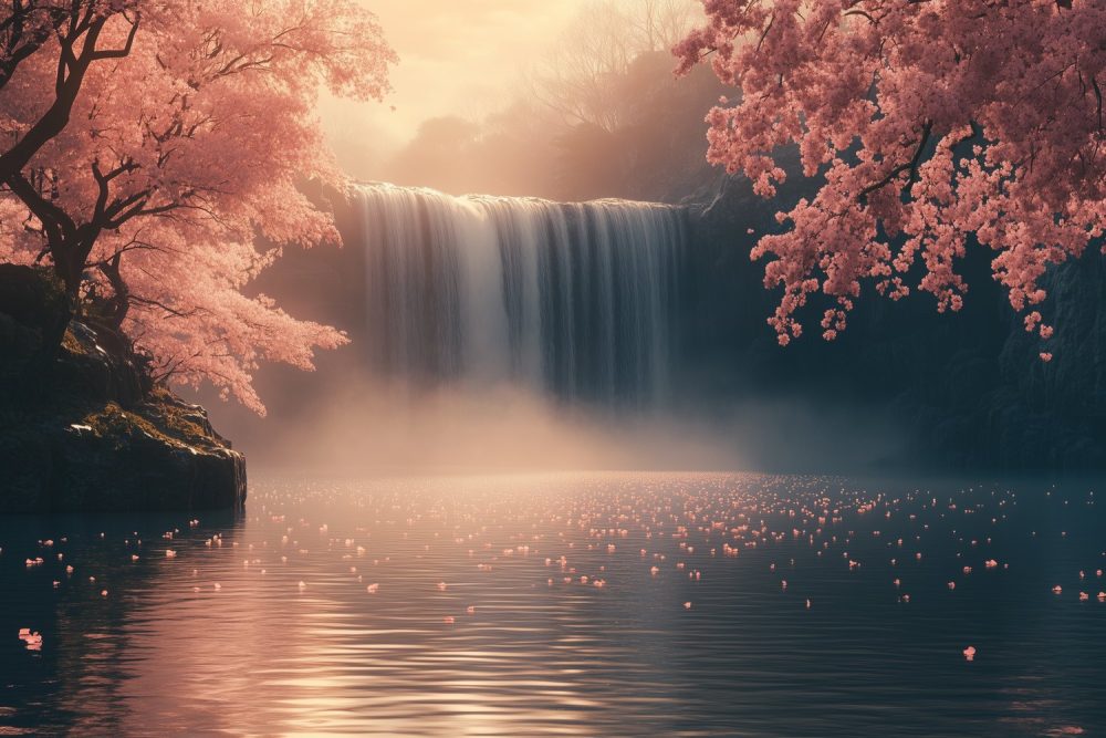 Betoverende waterval met bloesems behang