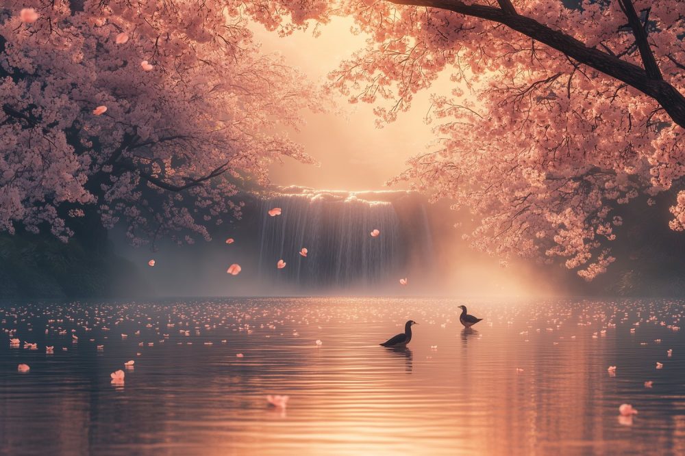 Betoverende waterval met eenden behang