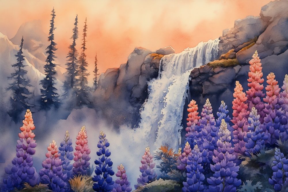 Waterfall in bloeiende natuur behang