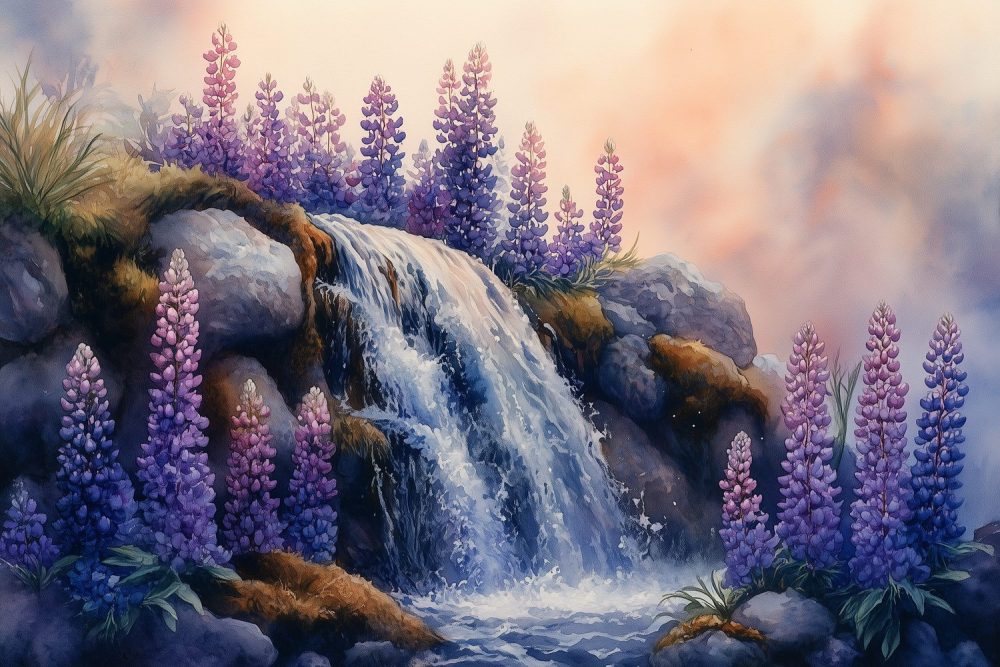 Tranquille waterval waterverfschilderij behang