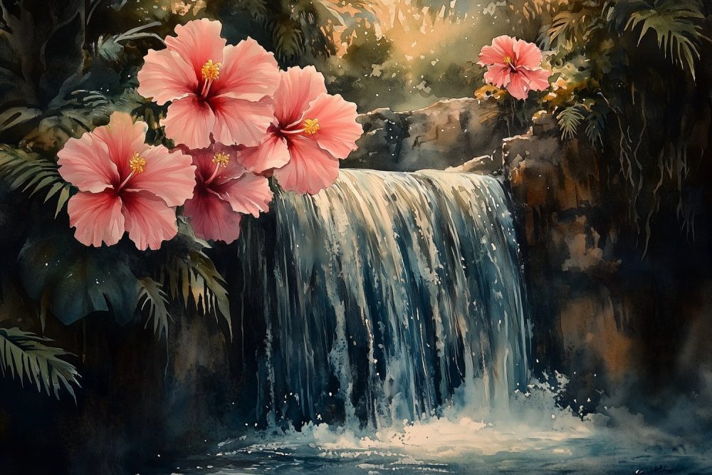 Tropische waterval waterverfschilderij behang