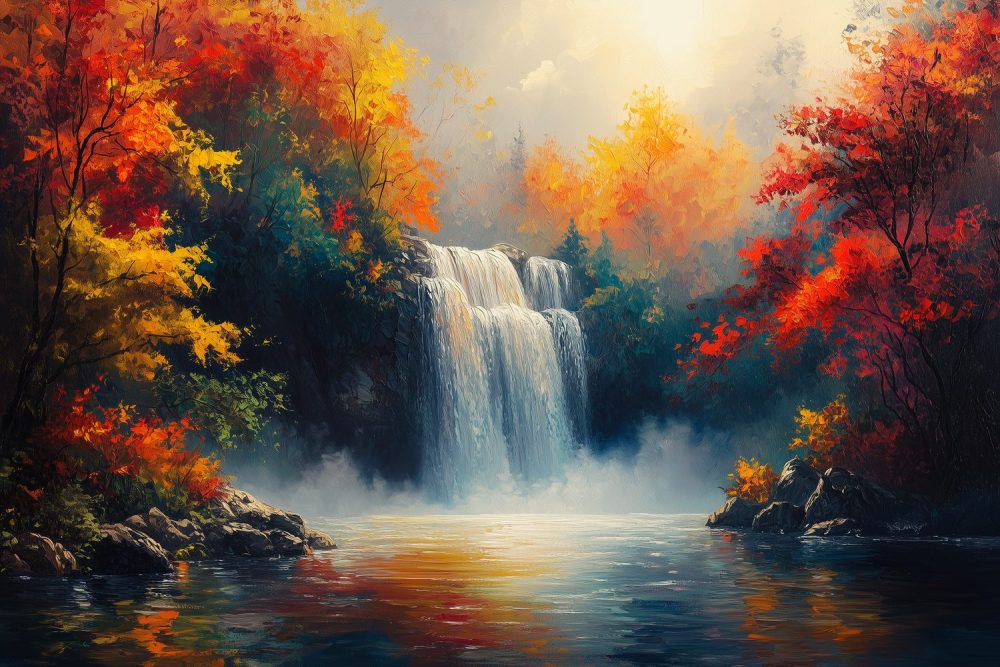 Herfstwaterval in bos behang