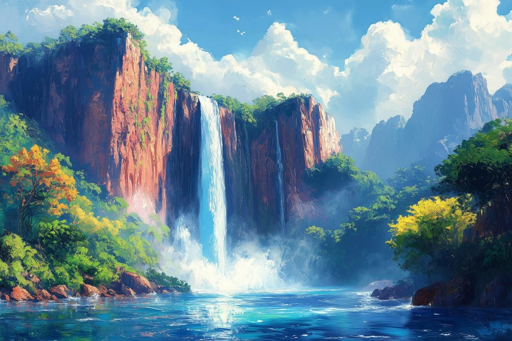 Majestueuze waterval schilderij behang