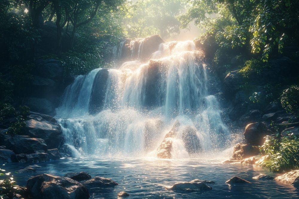 Vredige Waterval in Natuur behang