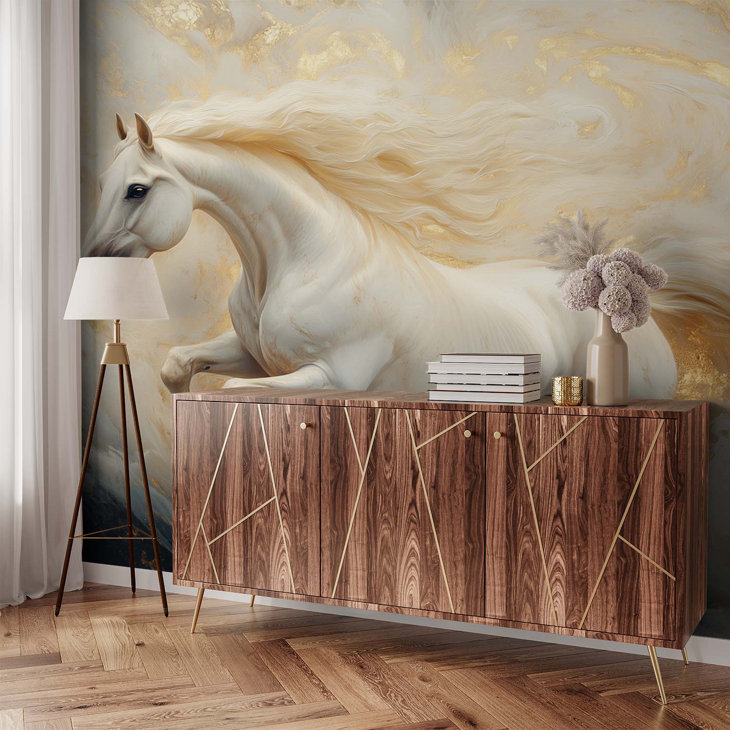 Witte Galopperende Waterpaard behang - Afbeelding 3