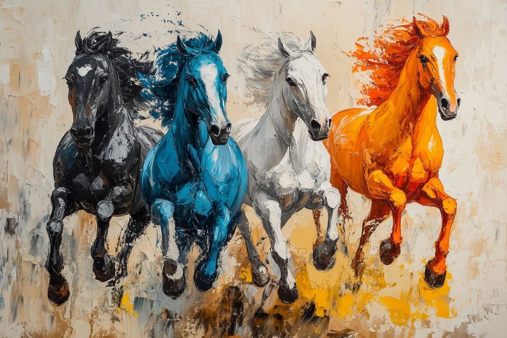 Vier kleurige rennende paarden behang