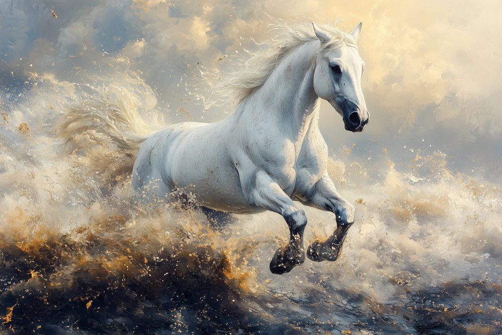 Wit Paard Galoppeert Door Water behang