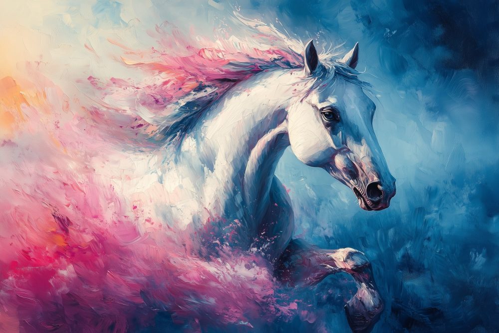 Witte galopperende paardenschilderij behang