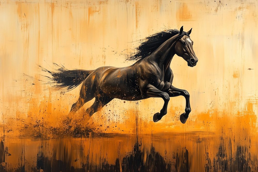 Zwarte rennende paardimpressie behang