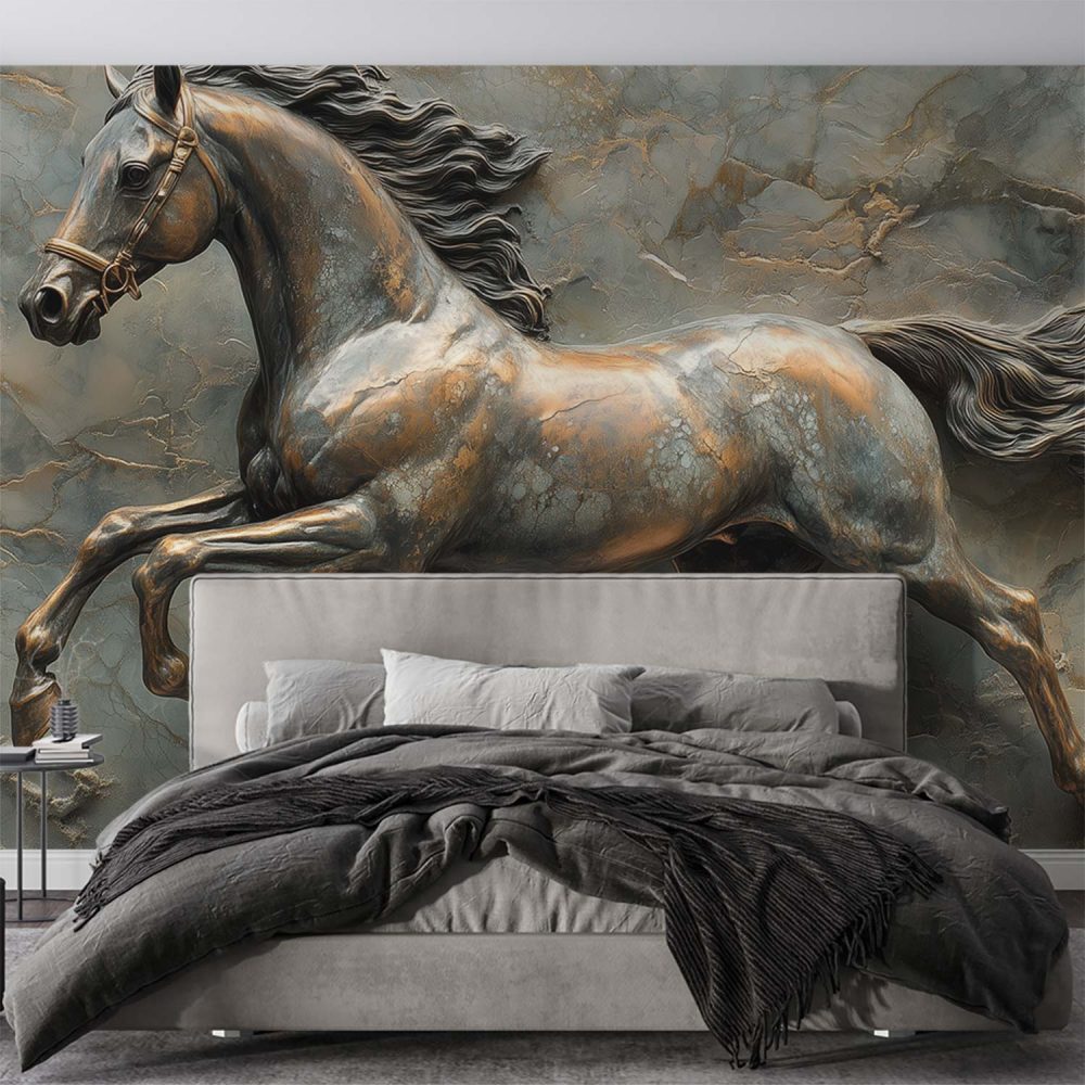 Alternative view of Bronzen galopperend paardenbeeld behang