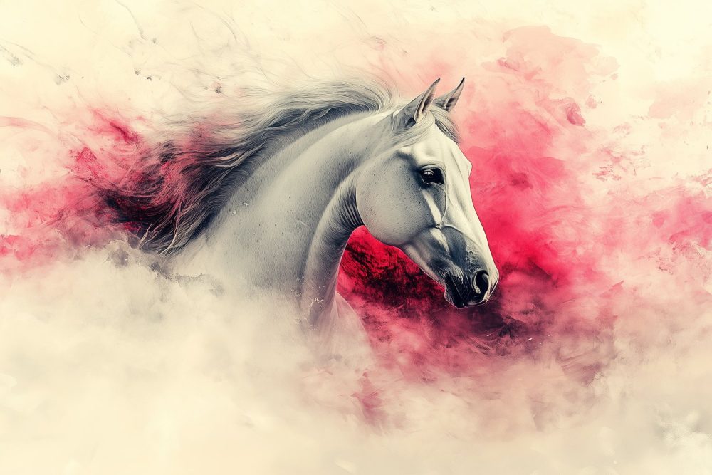 Witte paard in roze wolken behang