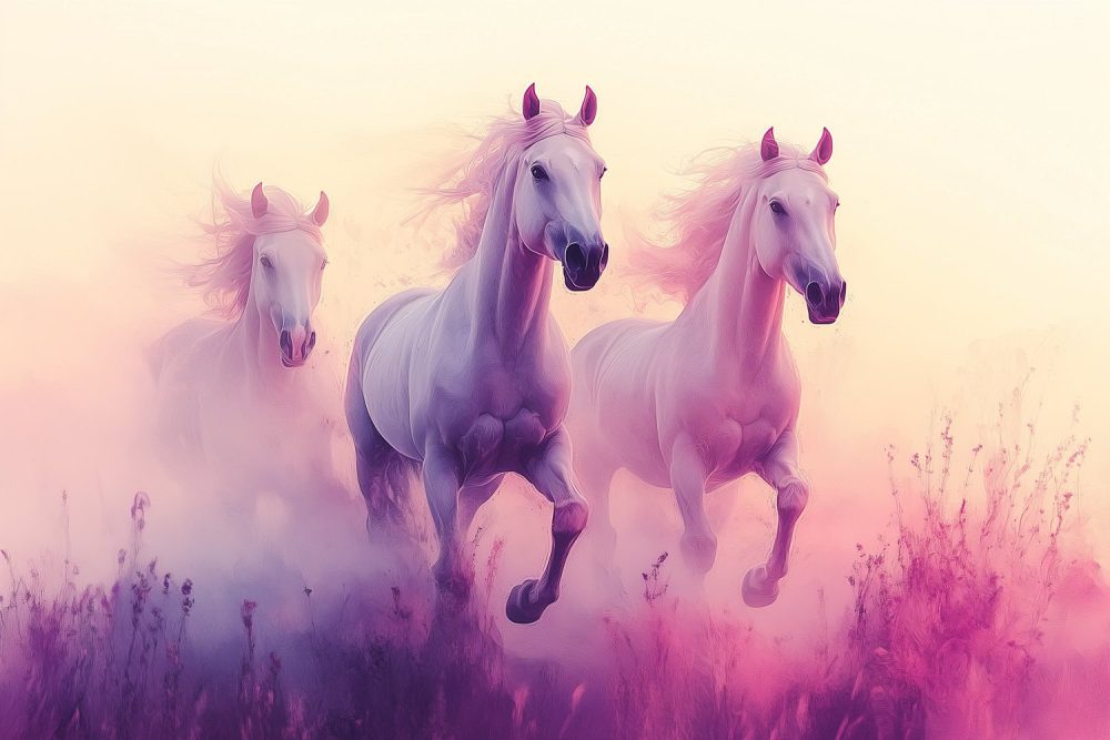 Witte paarden in paarse bloemen behang