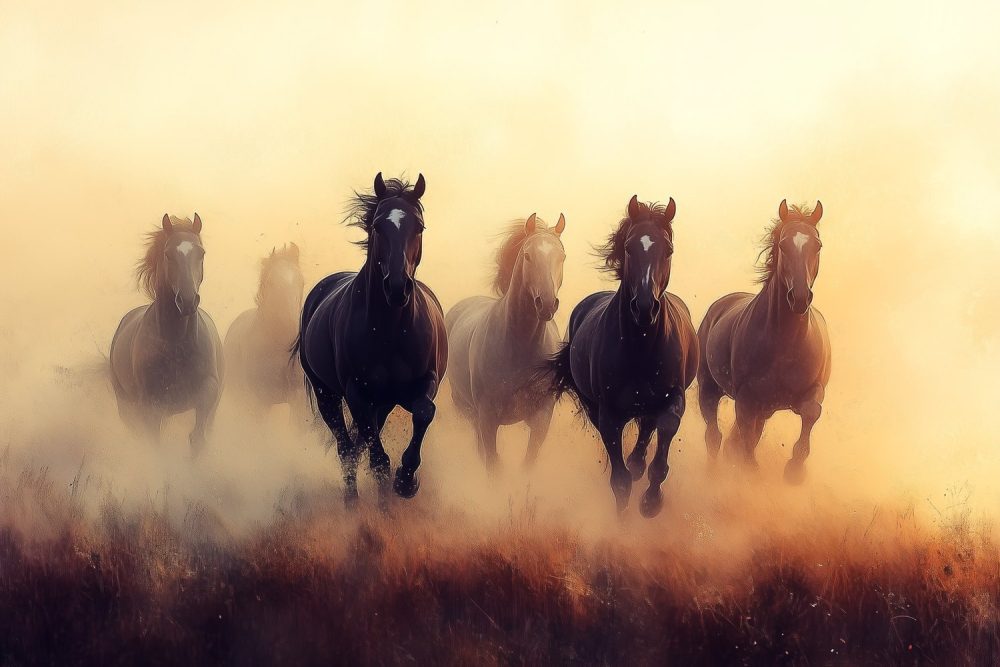 Vrij rennende bruine paarden behang