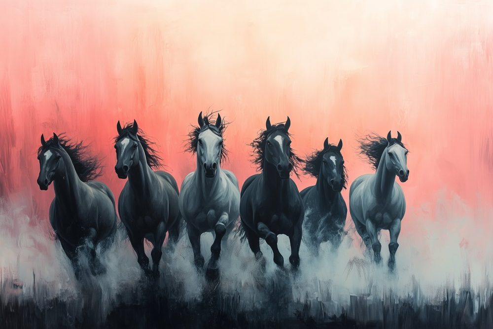 Zwart-witte rennende paarden behang