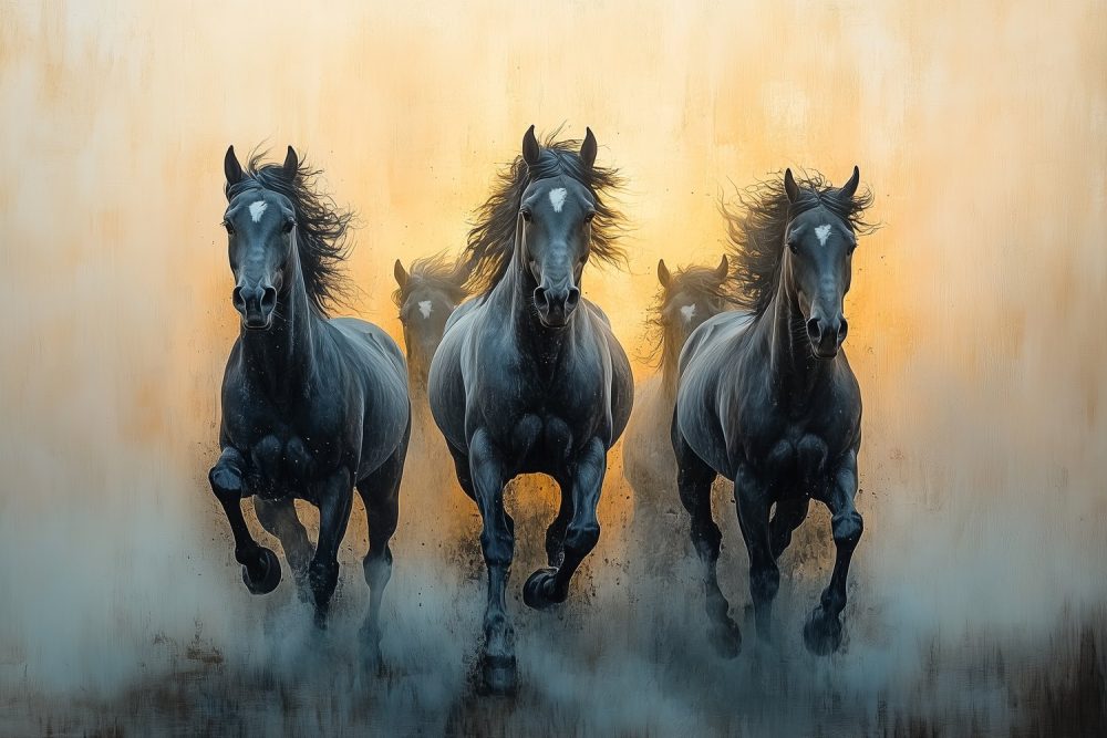 Drie zwarte paarden rennend behang