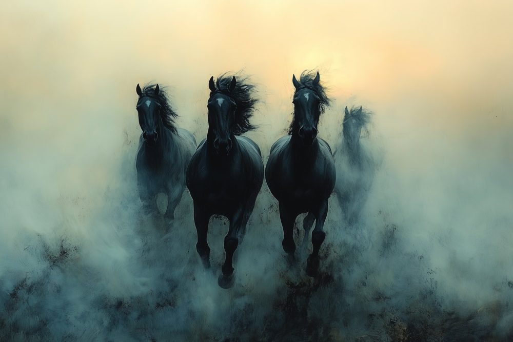 Mysterieuze rennende zwarte paarden behang