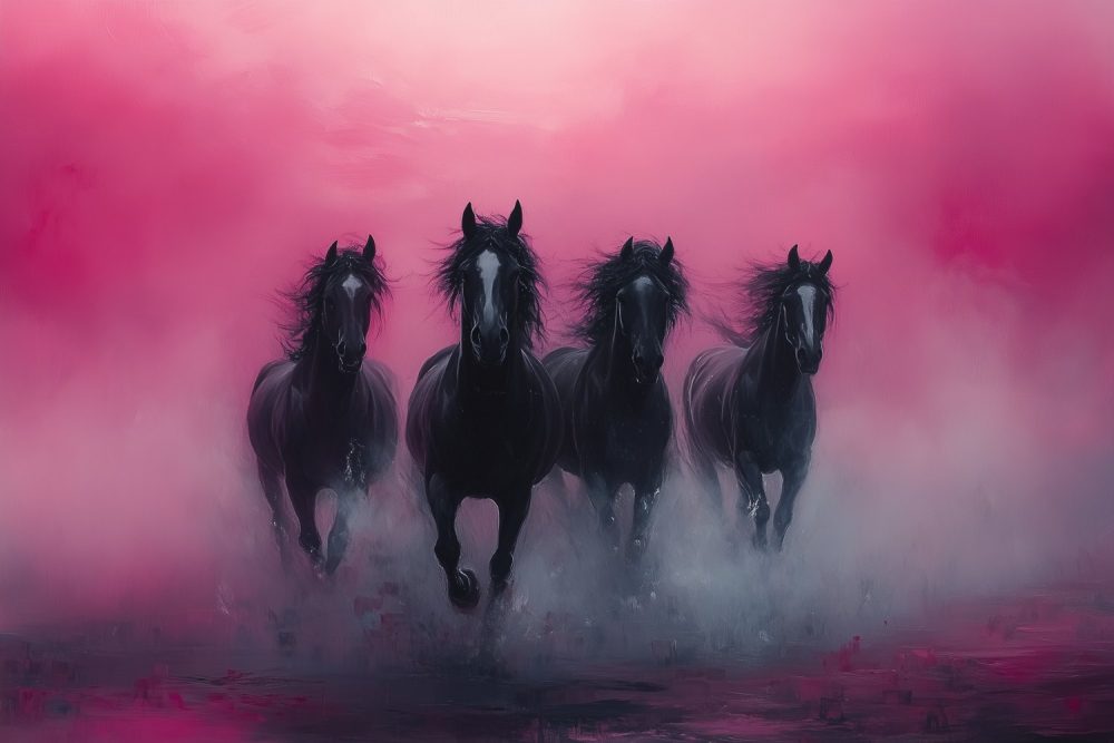 Vier zwarte paarden in galop behang