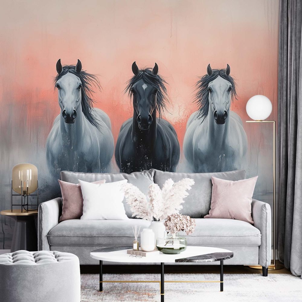 Alternative view of Drie galopperende paarden behang