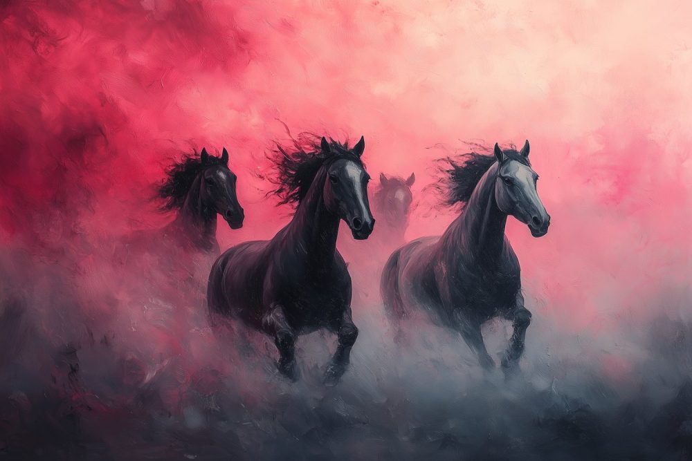 Dynamische galopperende zwarte paarden behang