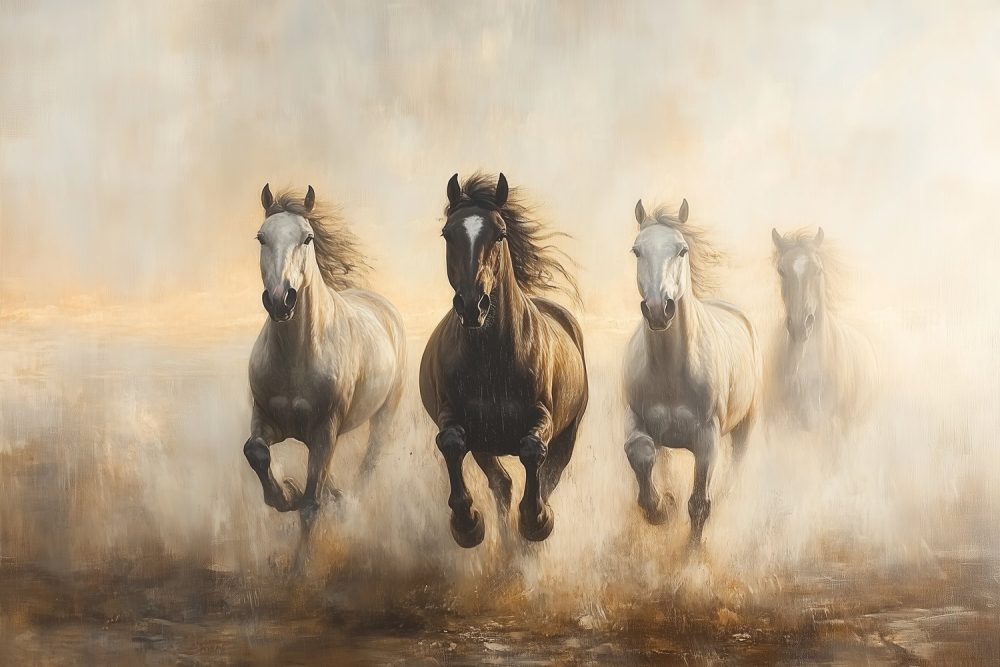 Vier paarden in volle galop behang