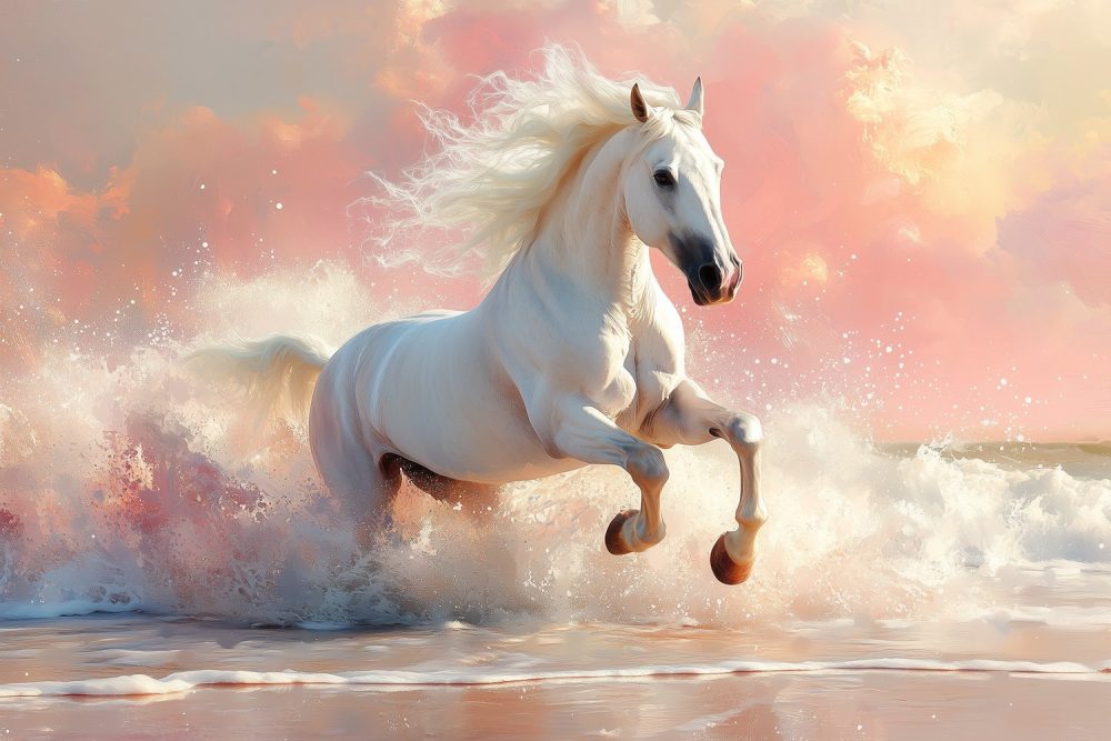 Majestueuze strandgalopperende witte paard behang